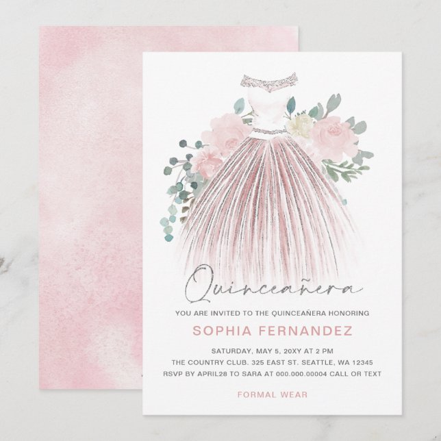 Blommigt Quinceañera  Silver glitter Inbjudningar (Fram/baksida)
