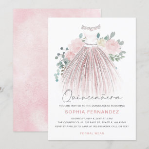 Blommigt Quinceañera Silver glitter Inbjudningar