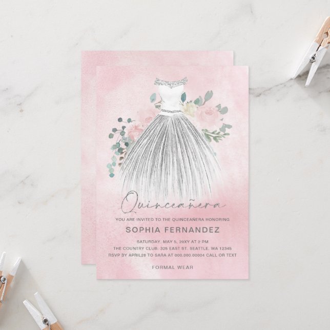 Blommigt Quinceañera  Silver glitter Inbjudningar (Fram/Back In Situ)