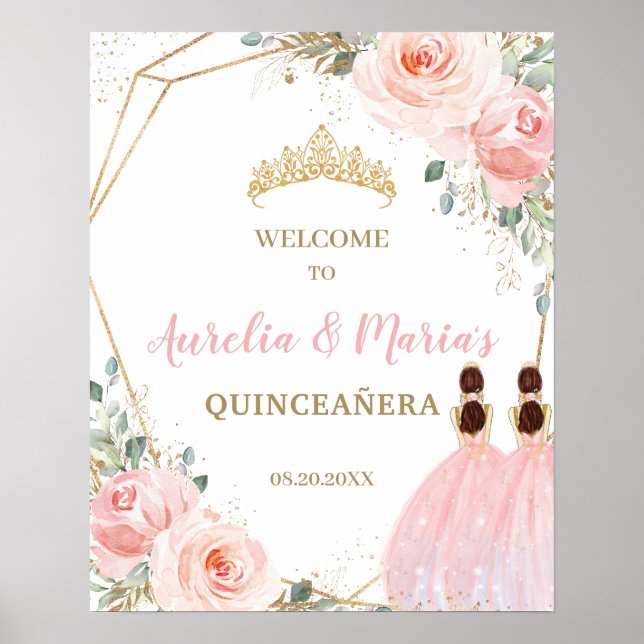  Blommigt Quinceañera Twillingars Joint Birthday Poster (Framsidan)