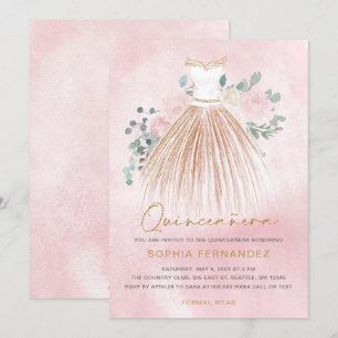 Blommigt Quinceañera vid Rosa guld glitter Inbjudningar