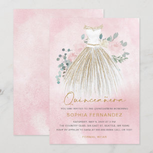 Blommigt Quinceañera vid Rosa guld glitter Inbjudningar