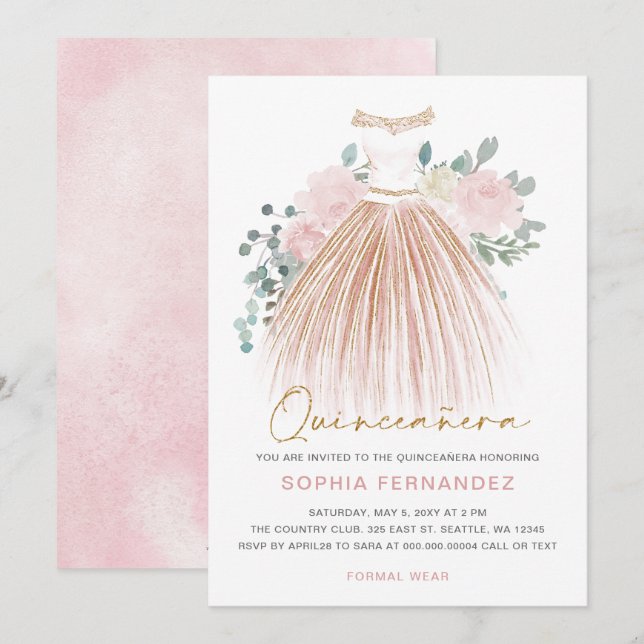 Blommigt Quinceañera vid  Rosa guld glitter Inbjudningar (Fram/baksida)
