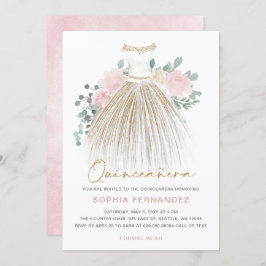 Blommigt Quinceañera vid Rosa guld glitter Inbjudningar