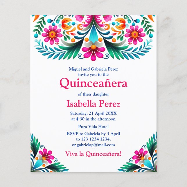 Blommigt Quinceanera White Mexican Fiesta Birthday Flygblad (Framsidan)