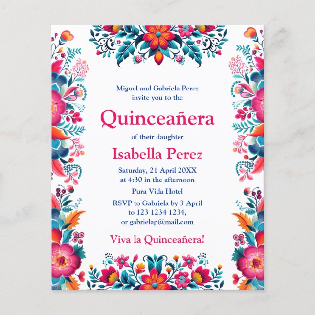 Blommigt Quinceanera White Mexican Fiesta Birthday Flygblad (Framsidan)