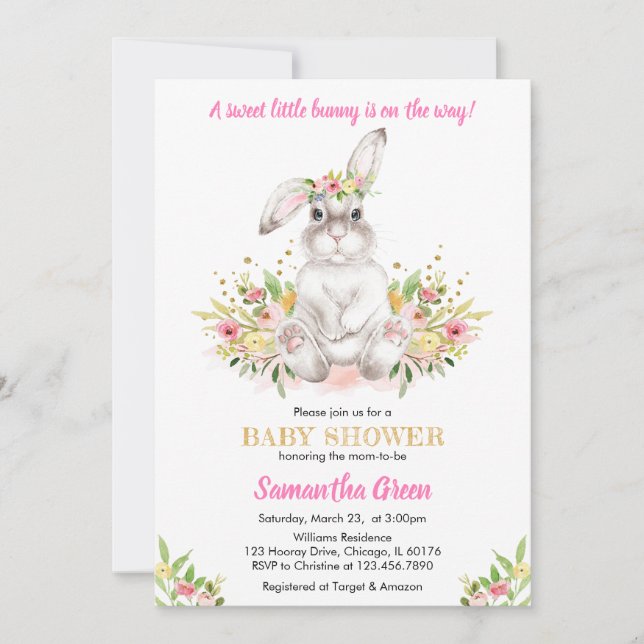 Blommigt Rabbit Baby Shower Inbjudningar (Framsida)