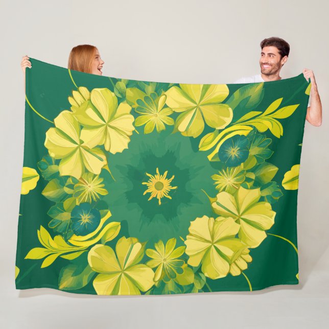 Blommigt Radiance: Gult & Grönt Botaniskt Mönster Fleecefilt (På plats)