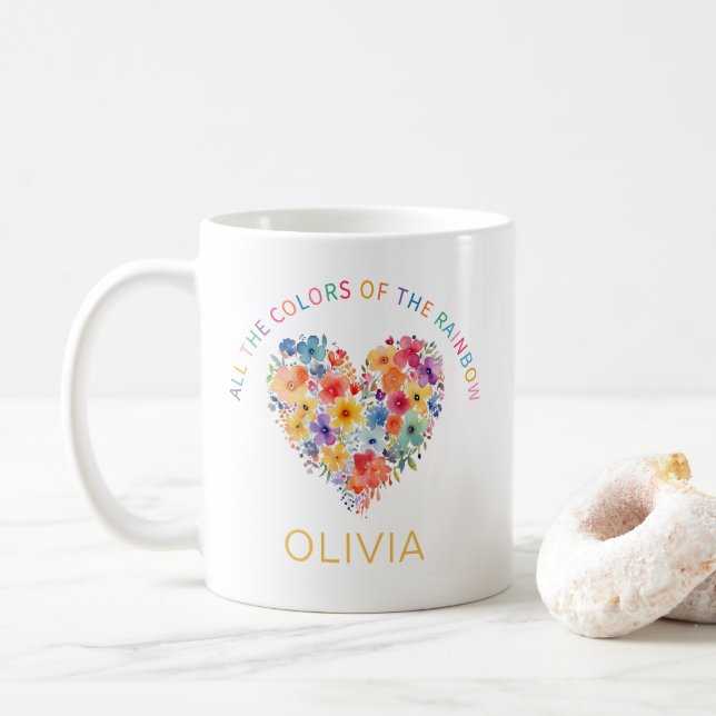 Blommigt Rainbow Heart Mugg - Anpassat namngivning (Med munk)