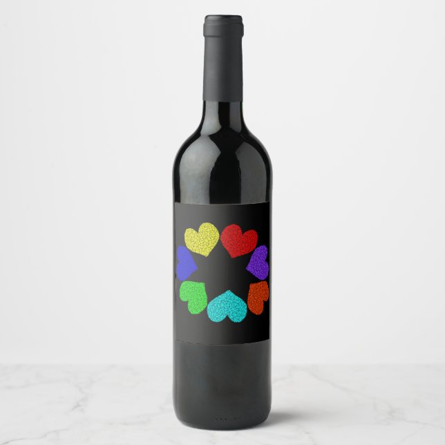 Blommigt Rainbow Kärlek Hearts Labels Vinflaska Etikett (Framsida)