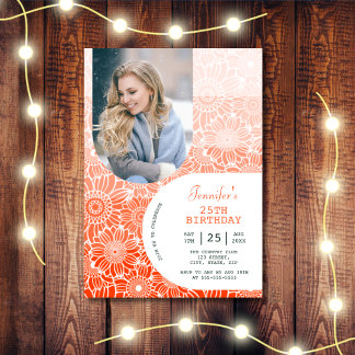 Blommigt Rainbow Orange Rand Arch Photo Birthday Inbjudningar