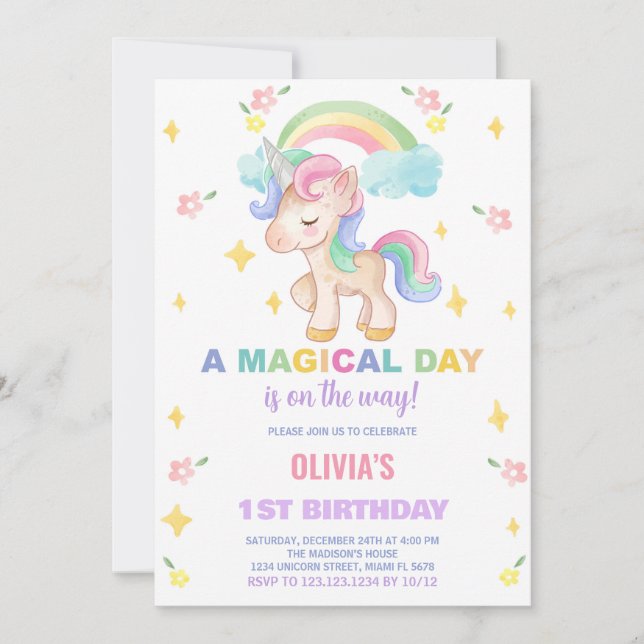 Blommigt Rainbows Unicorn Birthday-inbjudningar Inbjudningar (Framsida)