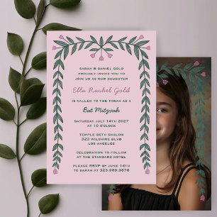 Blommigt Ram Anpassningsbar Photo Bat mitzvah Girl Inbjudningar