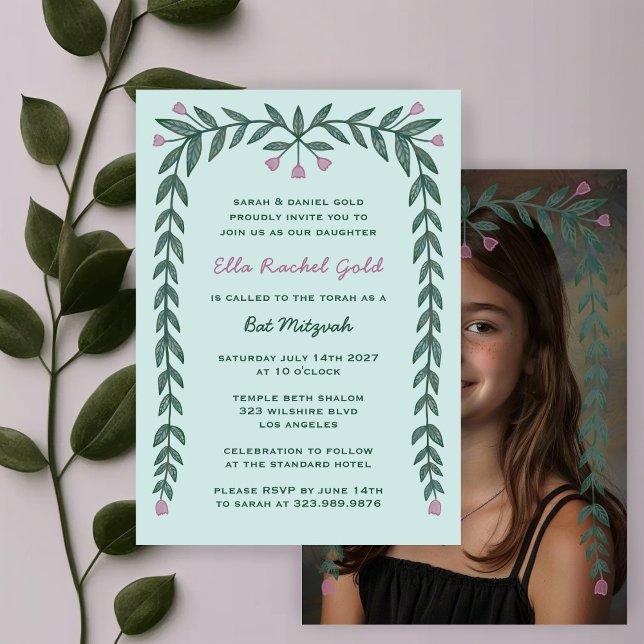 Blommigt Ram Anpassningsbar Photo Bat mitzvah Girl Inbjudningar (Floral Frame Custom Photo Bat Mitzvah Girl Invitation
)