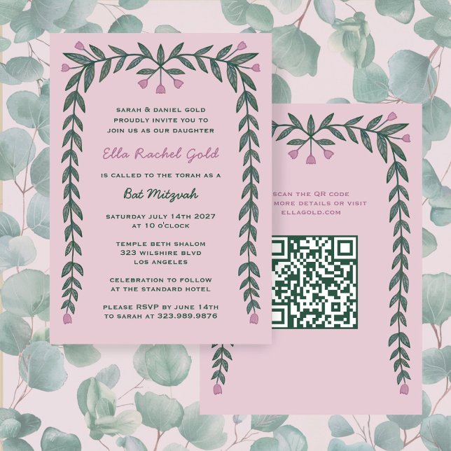 Blommigt Ram Anpassningsbar QR Code Bat mitzvah Gi Inbjudningar (Floral Frame Custom QR Code Bat Mitzvah Girl Invitation
)