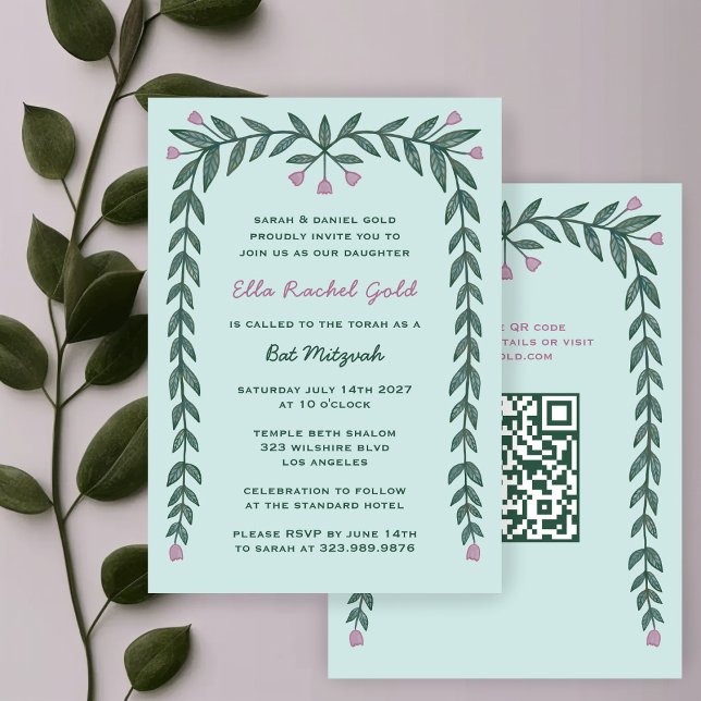 Blommigt Ram Anpassningsbar QR Code Bat mitzvah Gi Inbjudningar (Floral Frame Custom QR Code Bat Mitzvah Girl Invitation
)
