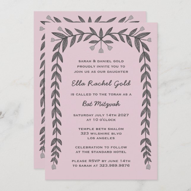 Blommigt Ram Anpassningsbar QR-kod Modern BarBat M Inbjudningar (Fram/baksida)