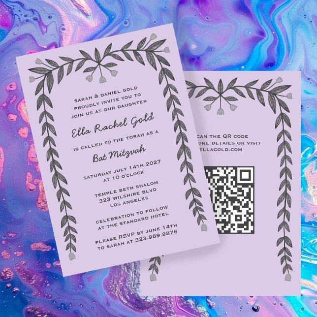 Blommigt Ram Anpassningsbar QR-kod Modern BarBat M Inbjudningar (Floral Frame Custom QR Code Modern BarBat Mitzvah Invitation
)