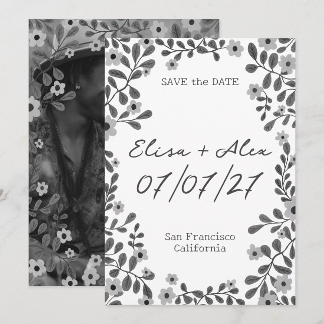 Blommigt Ram B&W SPARA DATUM ANPASSNINGSBAR FOTO Datumet (Fram/baksida)