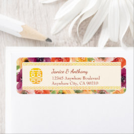 Blommigt ram beige Chinese bröllop returadress Etikett