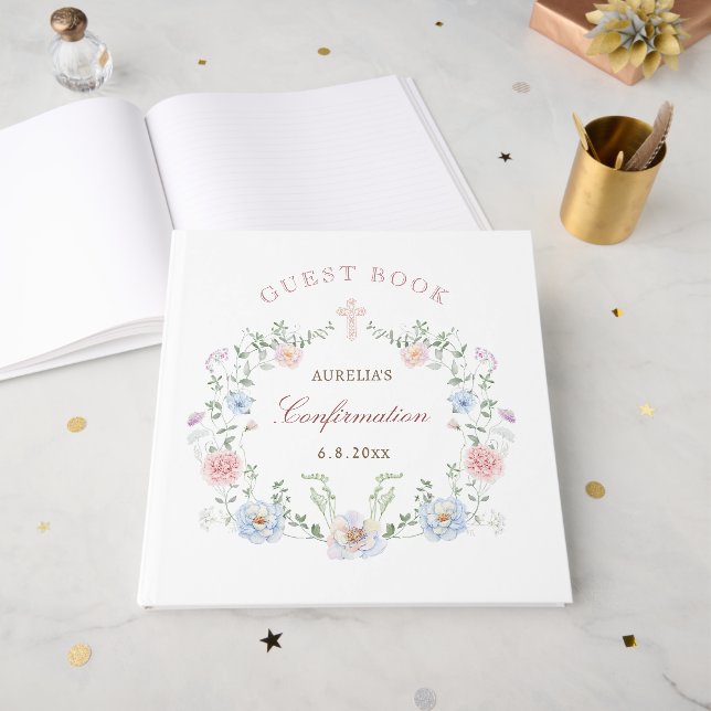 Blommigt Ram Bekräftelsegäst Bok (Framsidan öppen)