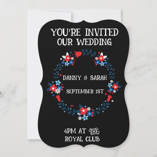 BLOMMIGT RAM BLACK MODERN WEDDING INVITATIONS INBJUDNINGAR (Framsida)
