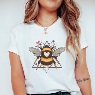Blommigt Ram Bumblebee; Cute Heart Bee Sommar T Shirt