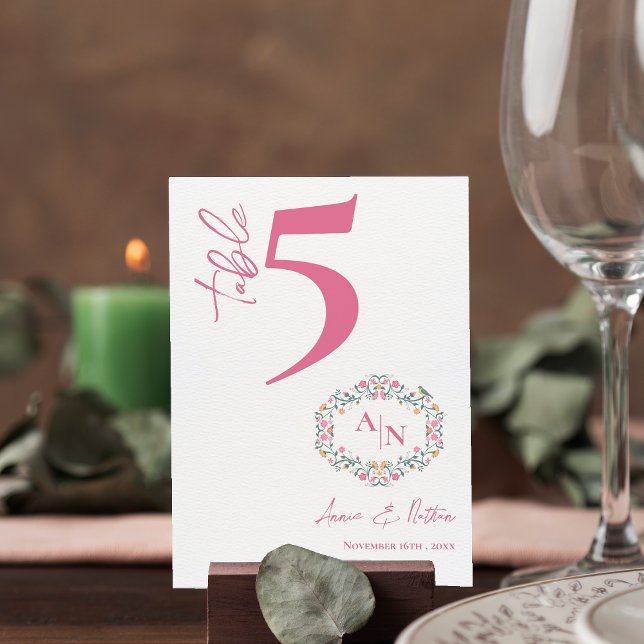 Blommigt Ram Chic Monogram Bröllop Bordsnummer (Floral Frame Chic Monogram Wedding Table Number)