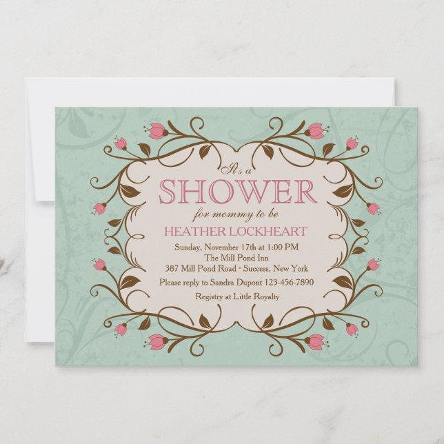 Blommigt Ram i inbjudan till Rosa (Framsida)