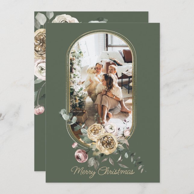 Blommigt Ram-julfotopapper, Helgdag Personlig Julkort (Fram/baksida)