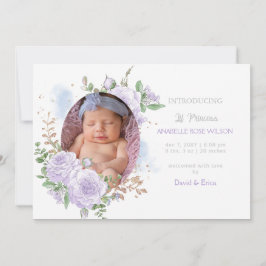 Blommigt ram Lila Girl Girl Birth Notice Meddelande