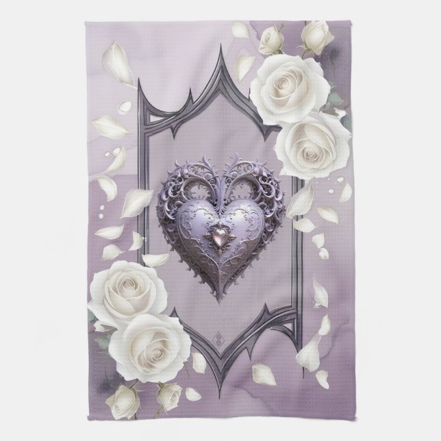 Blommigt ram med hjärta och vit ros kökshandduk (Vertikal)