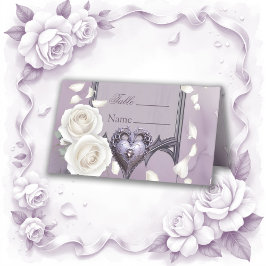 Blommigt ram med hjärta och vit ros placeringskort