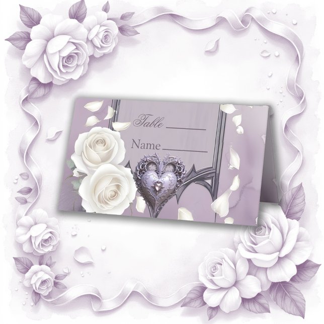 Blommigt ram med hjärta och vit ros placeringskort (Skapare uppladdad)