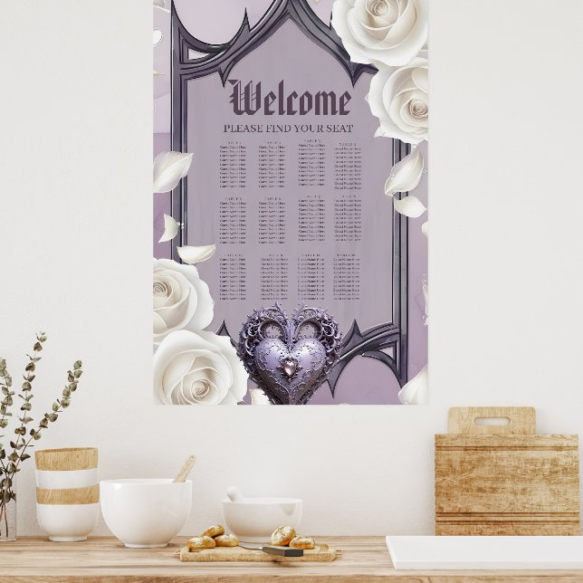 Blommigt ram med hjärta och vit ros poster (Kök)