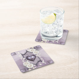 Blommigt ram med hjärta och vit ros underlägg papper kvadrat