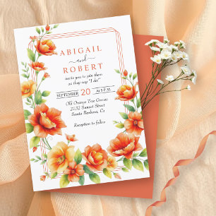 Blommigt ram orange blommor, tredubbla gräns bröll inbjudningar