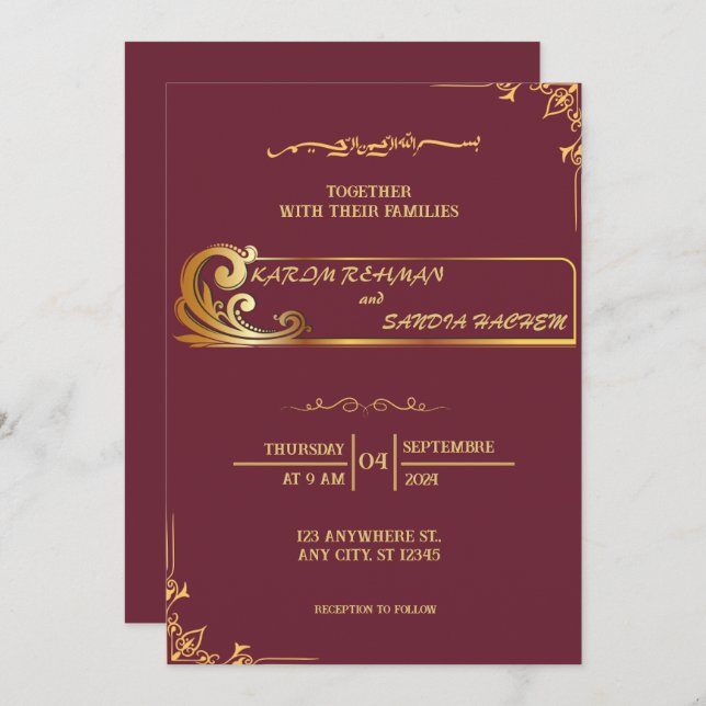 Blommigt Ram Plum och Guld muslimska Bröllop Inbjudningar (Fram/baksida)
