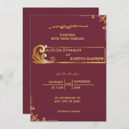 Blommigt Ram Plum och Guld muslimska Bröllop Inbjudningar