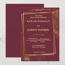 Blommigt Ram Plum och Guld muslimska Bröllop Inbjudningar