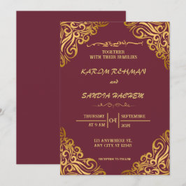 Blommigt Ram Plum och Guld muslimska Bröllop Inbjudningar