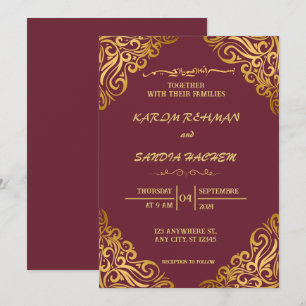 Blommigt Ram Plum och Guld muslimska Bröllop Inbjudningar