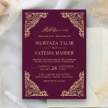 Blommigt Ram Plum och Guld muslimska Bröllop Inbjudningar<br><div class="desc">Inbjudan dina gäster med den här islamiska bröllopsinbjudan i stil, som innehåller en intrikat blommigt och "Bismillah" i arabisk kalligrafi på plommons lila. Lägg bara till din händelseinformation i den här mallen som är enkel att använda för att göra den till en inbjudan av typen en. Den här inbjudan är...</div>