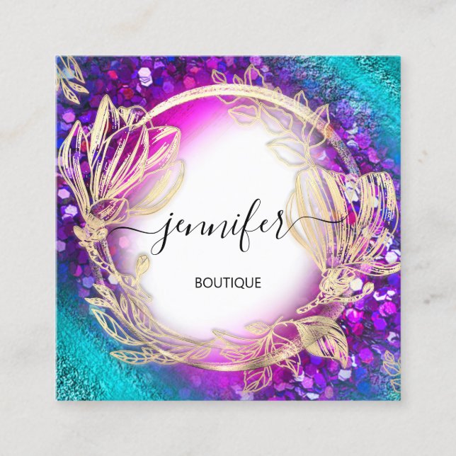 Blommigt Ram QR-kod Logotyp Guld Grönt Blue Confet Fyrkantigt Visitkort (Framsida)