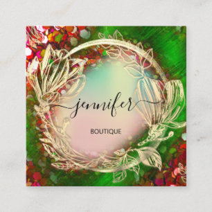 Blommigt Ram QR-kod Logotyp Guld Red HoloGraph Fyrkantigt Visitkort