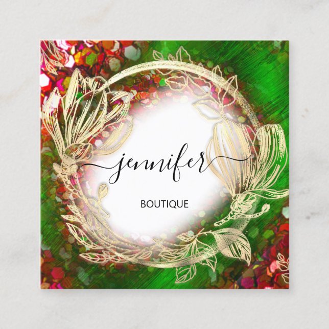 Blommigt Ram QR-koden Logotyp Guld Red Grönt Royal Fyrkantigt Visitkort (Framsida)