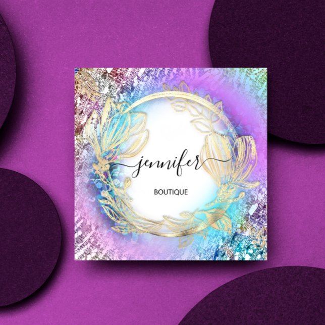 Blommigt Ram QR-koden Logotyp Guld Rosa Fyrkantigt Visitkort (Floral Frame QR Code Logo Gold Pink Square Business Card)