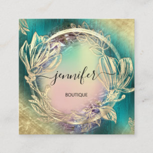 Blommigt Ram QR-koden Logotyp Guld Teal Ro Fyrkantigt Visitkort