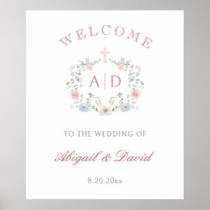 Blommigt Ram Religiösa Bröllop Monogram Välkommen Poster
