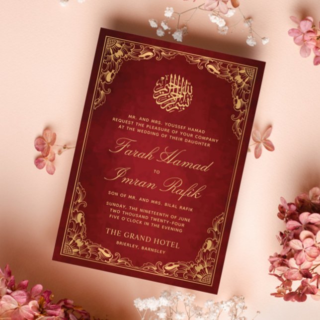 Blommigt, Ram, Röda muslimska Bröllop Inbjudningar (Skapare uppladdad)